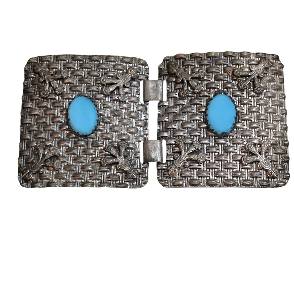 Victorian Sash Buckle Basketweave‎ Art Nouveau hinged Turquoise glass Cabochon